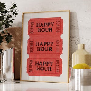 Happy Hour Bar Cart Wall Art, Ticket Printable Wall Art, Vintage Kitchen Art, Retro Cocktail Wall Art, Instant Digital Download
