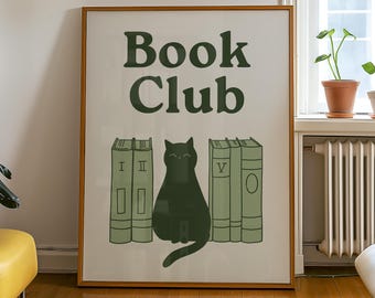 Cat Book Club Print, Sage Green Retro Library Wall Art Bookish Poster