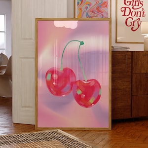 Cherries Print Y2k Print Maximalist Room Decor Pink Poster Trendy Funky Wall art  Digital Download Retro Preppy Wall Decor Cherry Poster