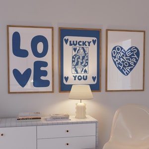 Set di 5 poster retrò alla moda da parete, motivo "Lucky You" blu, decorazione per la stanza preppy blu, stampa estetica, appartamento, estetica, beige, divertente, galleria dormitorio y2k