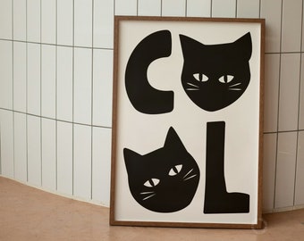 COOL Black Cat Print, Cat Lover Gift Poster Wall Art, Arte divertido del gato, Decoración del hogar, Impresión de arte de pintura, Ilustraciones de gatos, Descarga digital