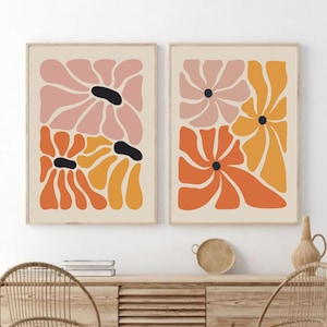 Conjunto de impresiones de flores retro, impresión botánica de flores abstractas brillantes, arte mural retro de los años 70, impresiones vintage en rosa y verde, impresión de mercado de flores
