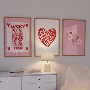 Heart Print Set of 3, Pink Wall Art, Trendy Poster, Coquette Wall Art, Feminine Art Prints, Whimsical Illustration Art, Digital Download