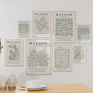 Sage Green Wall Art Set of 8 Matisse Print Set Botanical Boho Wall Art Abstract Printable Wall Art Sage Green Henri Matisse Exhibition Print