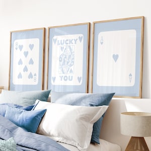 Lucky You Print Set Blue Gallery Wall Set Of 3 Blue Dorm Prints Trendy Digital Prints Blue Art Prints Preppy Wall Art Ace of Hearts Print
