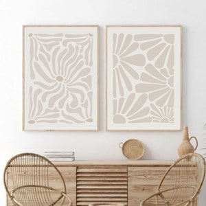 Neutrales Wandkunst-Set 2 Drucke, Boho Blumendruck, Beige abstrakt minimalistisch organisch, Beige Blumenwandkunst, wilde Blume, printable Art