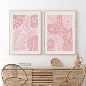 Póster de flores retro de los años 70, estampado abstracto de flores botánicas, estampado floral moderno, estampado de mercado de flores, arte mural rosa, arte mural colorido