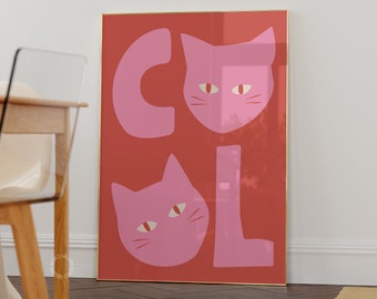 COOL Cat Digital Wall Art Print, Cute Cat Poster, Pink Kitten Illustration, Printable Wall Art, Cat Lover Gift, Funny Cat Poster, Trendy Art