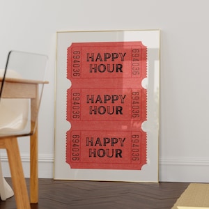 Wydruk biletu Happy Hour Wystrój wózka barowego Czerwona sztuka ścienna w stylu vintage Modna sztuka ścienna w stylu retro Estetyczne wydruki Duża sztuka do wydruku Pobierz Wystrój akademika