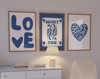 Retro Blue Wall Art Set: Lucky You, Love, Heart Prints (Digital Download)