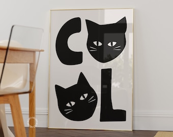 Fun Black Cat Art Print: Mid-Century Modern Retro Wall Decor (Digital Download)