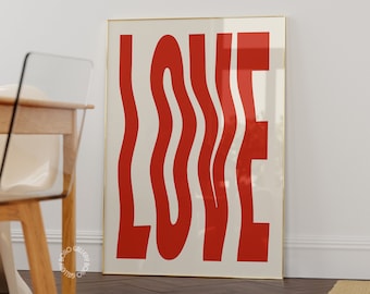Red Love Print: 70s Retro Wavy Typography (Digital Download)