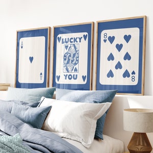 Zestaw 3 wydruków na ścianę z kartami do gry Queen, cyfrowa sztuka Preppy, plakat Lucky You, niebieska królowa, wydrukowana sztuka, modne plakaty retro z połowy wieku