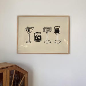 Impresión minimalista de carrito de bar: Póster de cóctel dibujado a mano, decoración de cocina neutra (descarga digital, horizontal)