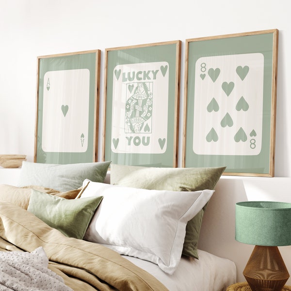 Trendy Retro Wall Art Set Lucky You Poster 70s Style Poster Sage Green Ace Card Poster Typography Wall Art Retro Trendy Aesthetic Print