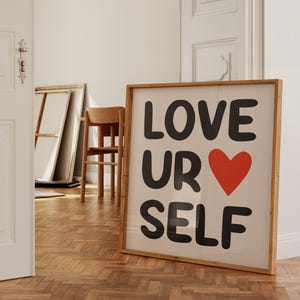 Love Yourself Wall Art, Retro Aesthetic Poster, Apartment Decor, Black Square Print, Dorm Room Decor, Mid Century Print, Digital Download
