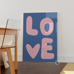 Love Heart Print, Pink Blue Retro Poster, Exhibition Wall Art, Typography Print, Aesthetic Wall Art, Trendy Print, Blue Preppy Room Decor