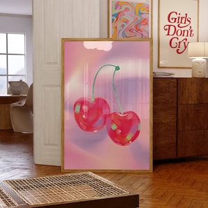 Cherries Print Y2k Print Maximalist Room Decor Pink Poster Trendy Funky Wall art  Digital Download Retro Preppy Wall Decor Cherry Poster