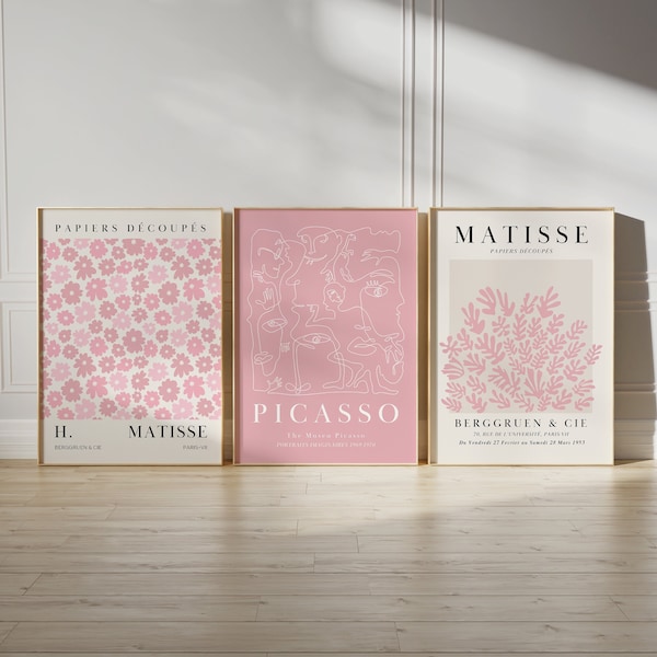 Lot de 3 imprimés Matisse roses, impression numérique imprimable en téléchargement, ensemble mural de la galerie, affiche Matisse, décor rose, imprimé marché aux fleurs, lot d'affiches Picasso