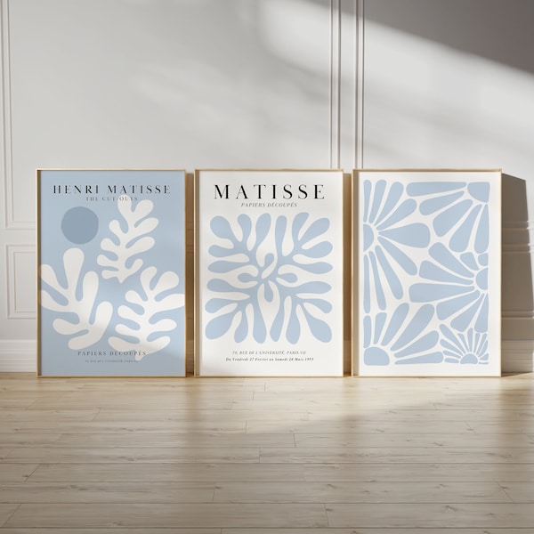 Blue Matisse Print Set Printable Wall Art Blue Print Set Gallery Wall Set of 3 Prints Preppy Wall Art Exhibition Posters Danish Pastel