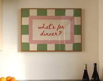 What’s For Dinner Print, Bold Funky Kitchen Poster, Trendy Quirky Art, Green Pink, Horizontal