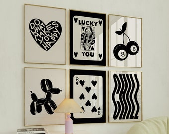 Zwarte retro trendy muurkunst set van 6 retro muurkunst appartement esthetiek beige zwart Y2K slaapzaal galerij muur Lucky You poster preppy kamerdecoratie