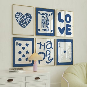 Retro Trendy Wall Art Set of 6 Blue Prints Lucky You Poster Blue Preppy Room Decor College Apartment Aesthetic Beige Funny y2k Dorm Gallery