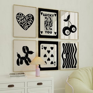 Black Retro Trendy Wall Art Set of 6 Retro Wall Art Apartment Aesthetic Beige Black Y2K Dorm Gallery Wall Lucky You Poster Preppy Room Decor