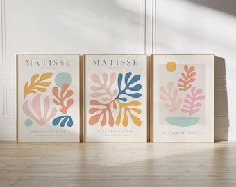 Ensemble de 3 oeuvres d'art mural de la galerie d'impression pastel pastel danois Matisse, affiche du musée de l'exposition, rose bleu moutarde, affiche d'Henri Matisse, feuille abstraite à télécharger
