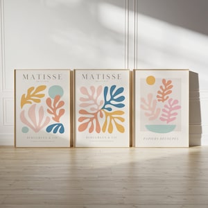 Ensemble de 3 oeuvres d'art mural de la galerie d'impression pastel pastel danois Matisse, affiche du musée de l'exposition, rose bleu moutarde, affiche d'Henri Matisse, feuille abstraite à télécharger