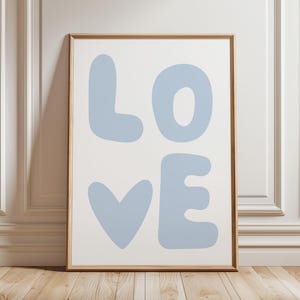 Love Poster Light Blue Heart Print, Aesthetic 70s Wall Art, Retro Blue Poster, Apartment Wall Art, Blue Trendy Wall Art, Preppy Room Decor