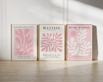 Może przedstawiać: Trzy oprawione grafiki z abstrakcyjnymi wzorami w kolorze różowym i białym na jasnoróżowym tle. Grafiki są zatytułowane "PAPIERS DÉCOUPÉS", "MATISSE" i "HENRI MATISSE THE CUT OUTS". Ramki są w kolorze jasnobrązowym.