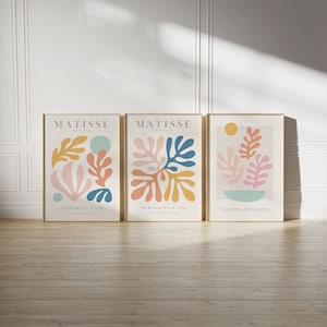 Conjunto de 3 impresiones de Matisse en pastel danés para galería de arte mural, póster de museo, póster de Henri Matisse rosa, azul y mostaza, hoja abstracta, descarga