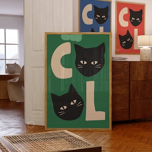 Retro Katze Kunstdruck, trendige Poster, grüne Katze Wand Kunst, positive Poster, lustiger Download Druck, lustige Wanddekoration, buntes Katzen Poster