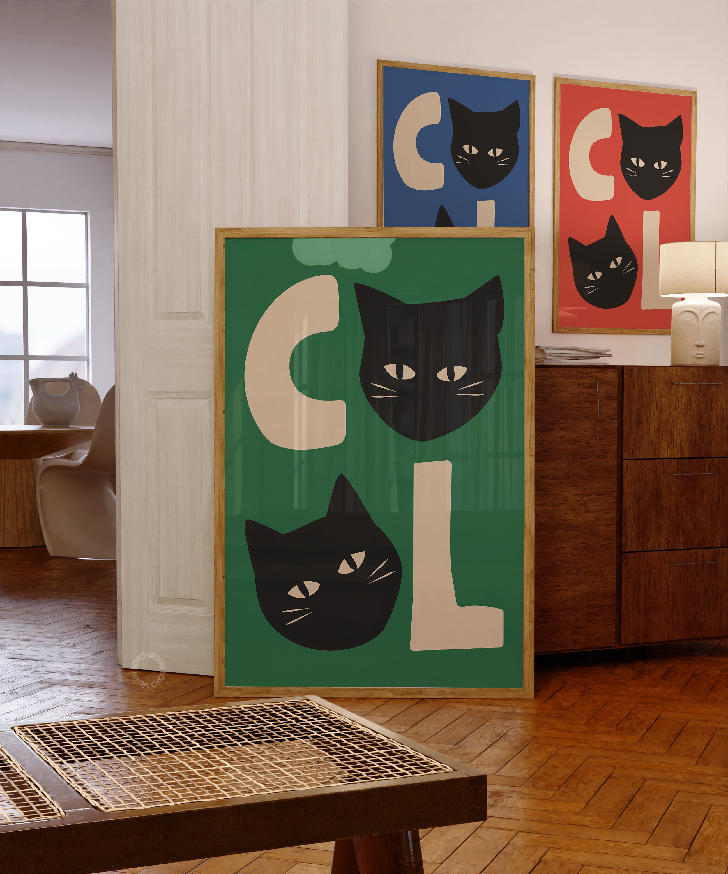 Retro Cool Cat Art Print, Trendy Posters, Green Cat Wall Art, Positive Poster, Digital Download Print, Funky Wall Decor, Colorful Cat Poster