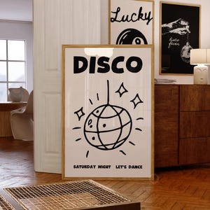 Impresión de bola de discoteca, póster de fiesta, arte mural negro, arte psicodélico, decoración retro de los años 70, póster vintage, arte mural psicodélico, impresión de bola de espejos