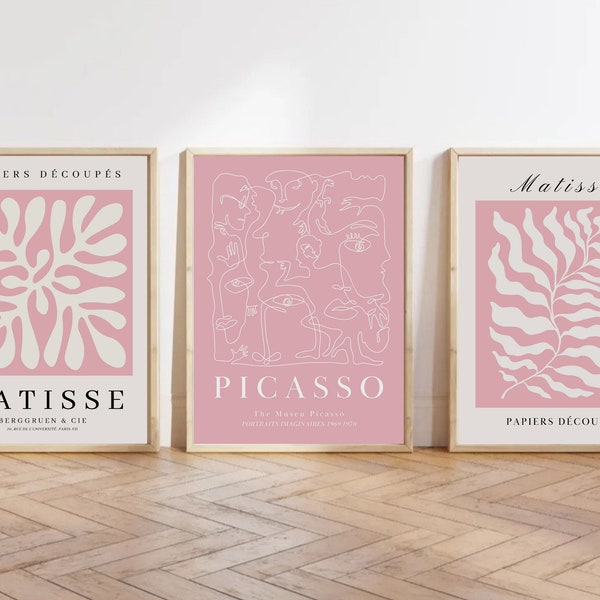 Pink Wall Art Set of 3 Pink Print Gallery Wall Boho Matisse Printable Art Digital Download Dorm Wall Decor Pink Trendy Art Print Bundle