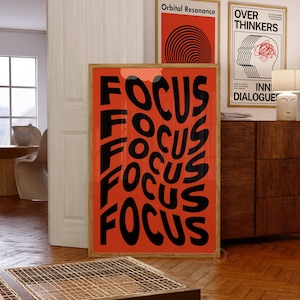 Focus Wavy Typography Poster: Black & Orange Retro Wall Art, Digital Print