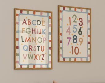 Set of 2 Educational Nursery Alphabet Prints, Retro Numbers and ABC Poster (Instant Download)