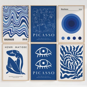 Blue Bauhaus Set of 6 Poster, Picasso Poster Set, Minimalist Retro Wall Art, Bauhaus Exhibition Poster, Modern Mid Century Printable Art