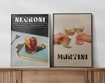 Impresión de cóctel Martini, arte de carrito de bar, póster retro de bebidas alcohólicas, arte mural minimalista, impresión de cocina, galería de pared imprimible de moda, digital