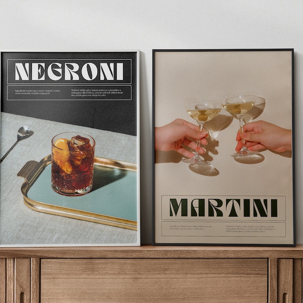 Cocktail Martini Print Set, Bar Cart Art, Retro Alcohol Poster, Minimalist Wall Art, Kitchen Print, Trendy Printable Gallery Wall, Digital