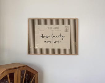 Vintage Postcard Print: "How Lucky Are We", Rustic Brown Stripes (Digital Download, Horizontal)
