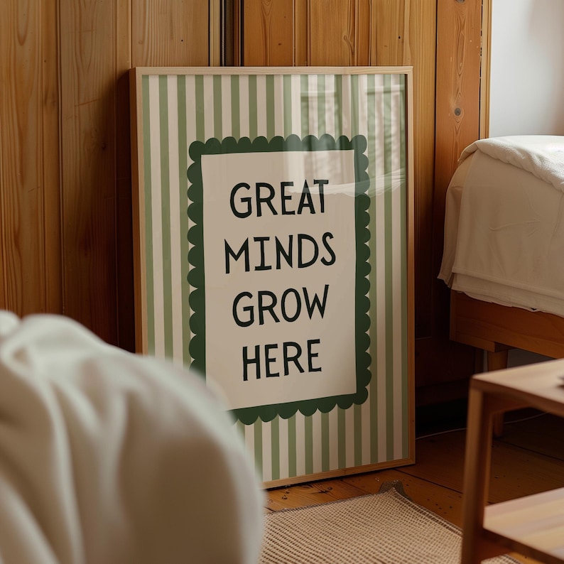 Educational poster green striped wall print classroom or playroom, nursery decor