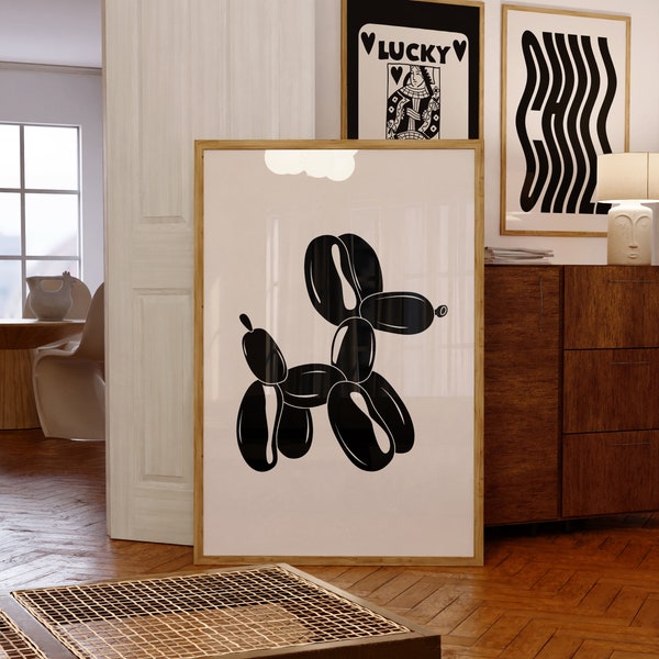 Black Balloon Dog Print Funny Ballon Dog Art Dorm Room Aesthetic Print Vintage Euphoria Print Trendy Preppy Digital Prints Maximalist Poster