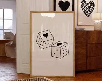 Trendy Retro Dice Art Print, Heart Dice Poster, Lucky You Digital