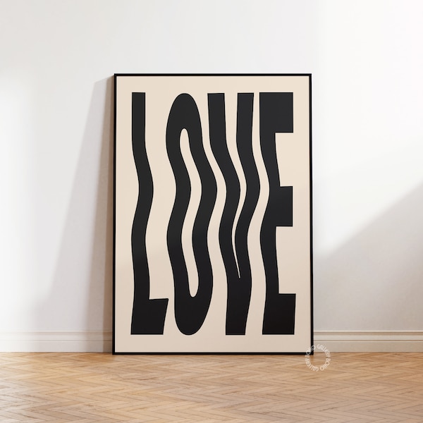 Liebe schwarz Typografie Druck Trendy Retro Digital Download Gewellter Druck Trendy Retro Wandkunst Modernes Design Funky typografische Wandkunst