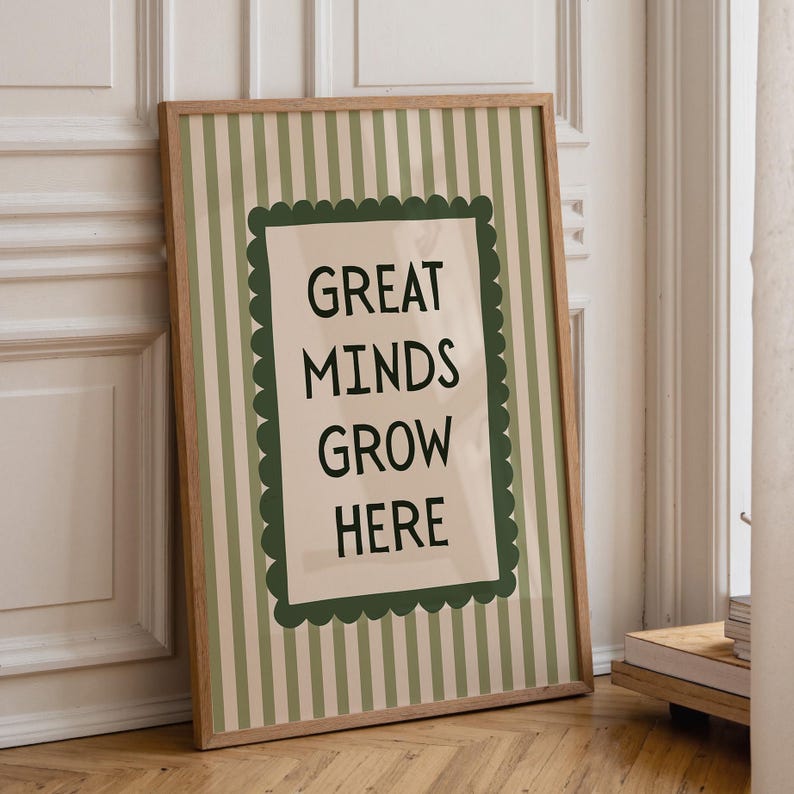 great minds grow here striped green print