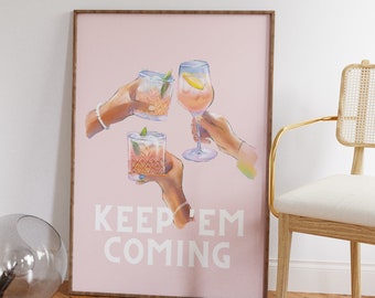Retro Martini Print: Pink Bar Cart Art, 70s Cheers (Digital Download)