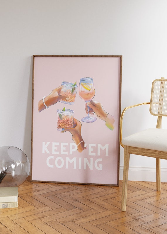 Retro Martini Print: Pink Bar Cart Art, 70s Cheers (Digital Download)